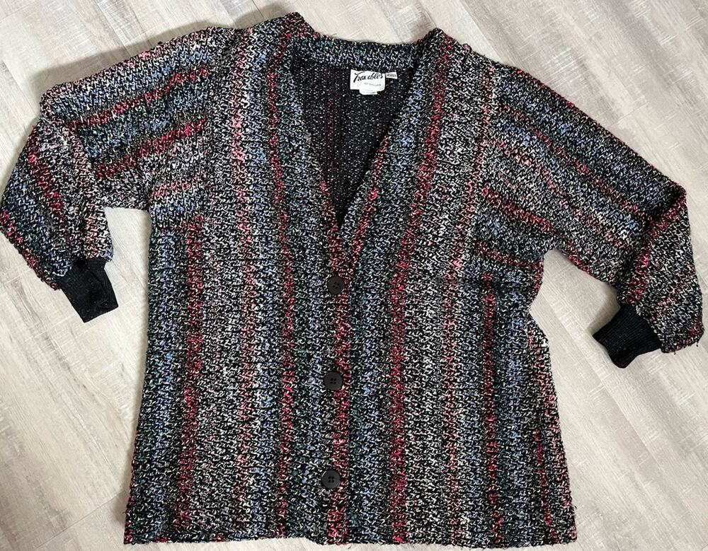 VTG 80s Cardigan Sweater Lurex Sparkle Button Down V Neck Grunge Striped L